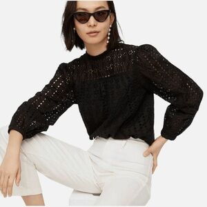 J. Crew Black Tie-Back Top in Ditsy Eyelet Long Sleeve Lined Size Medium